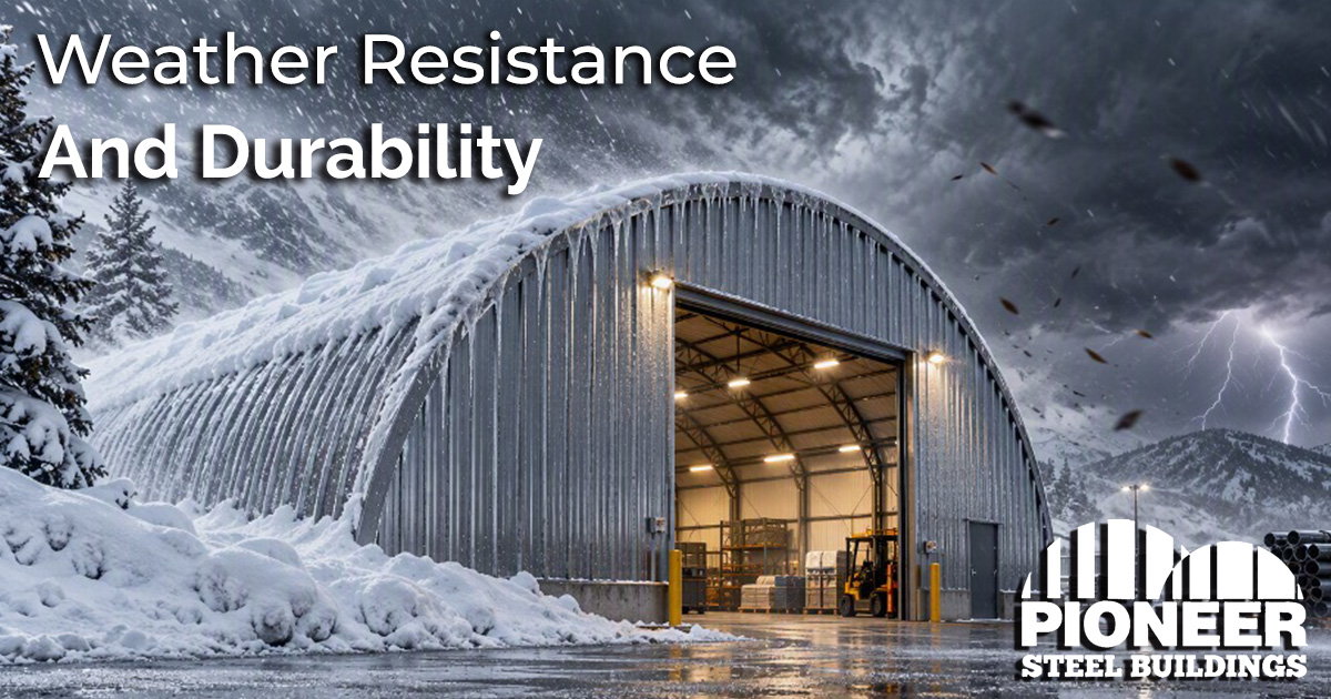 Pioneer Steel building in a winter storm